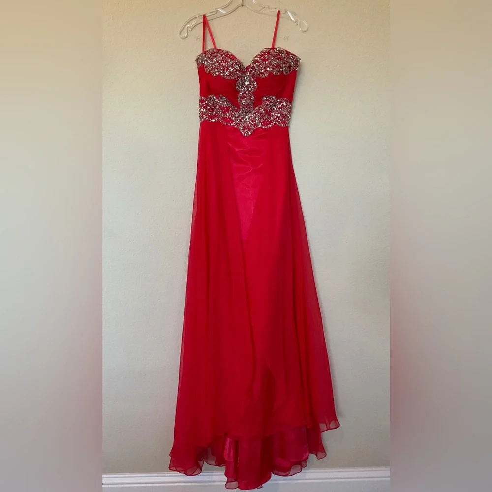 Mac Duggal Strapless Red Gown with Silver Detailing - Picture 6 of 16